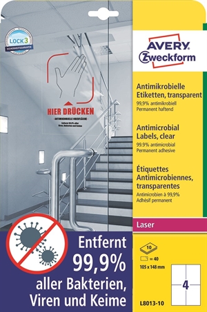 Avery Antimikrobielle Etiketten 105 x 148 transparent mm, 40 Stück.